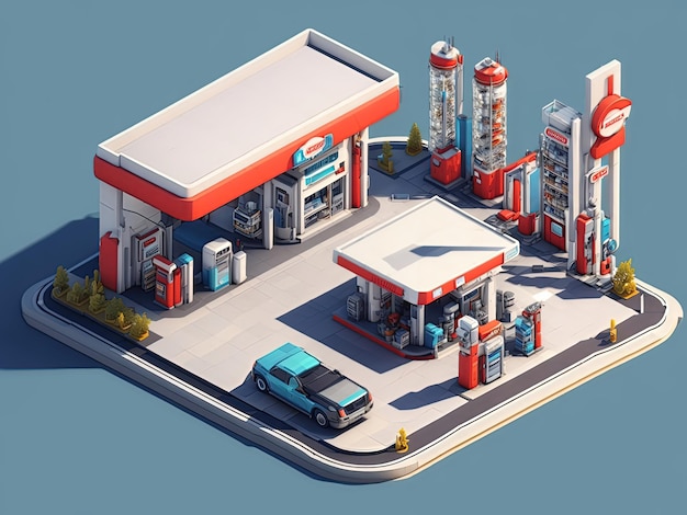 Isometric 3D Gas Station Design Car Fueling Stations