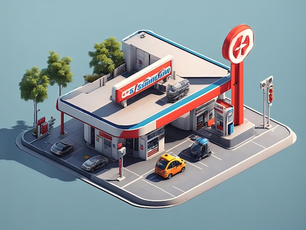 Photo isometric 3d gas station design car fueling stations