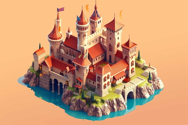 Isometric 3D illustration of a fairy tale castle on a blue background