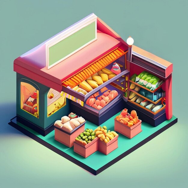 Photo isometric 3d illustration of a grocery store with shelves full of products