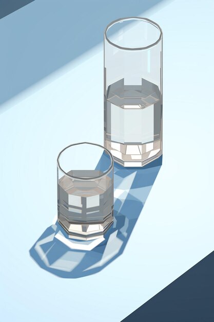 an isometric 3D image of a basic single faucet dripping water into a clear glass