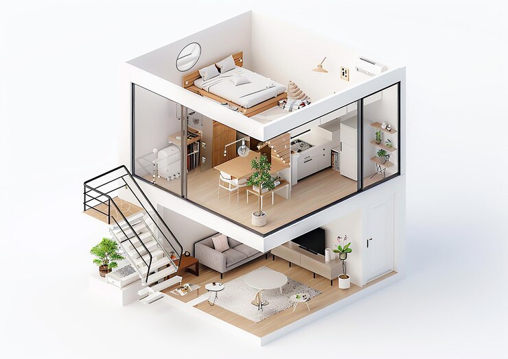 Isometric 3D mockup of a tiny loft house white background detailed modern design architectural model