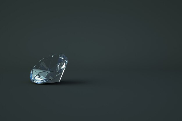 Isometric 3D model of a glass transparent diamond. Precious transparent stone lies on a dark, gray isolated background. 3D graphics, close-up