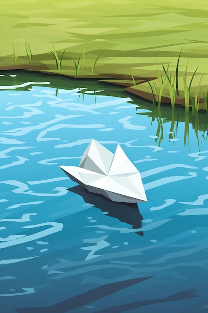 Photo an isometric 3d paper boat floating on a small puddle