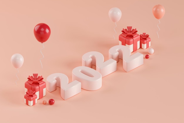 Isometric 3d rendering 2022 text with gift boxes and red pink balloons on light pink background