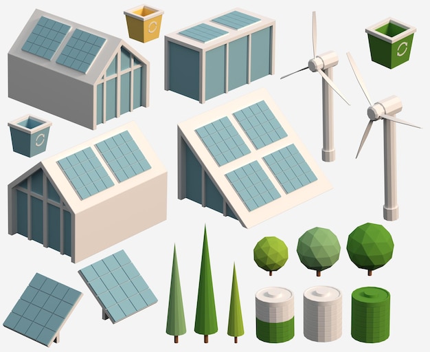 Isometric 3d set of natural alternative environmentally sources of green energy and smart home