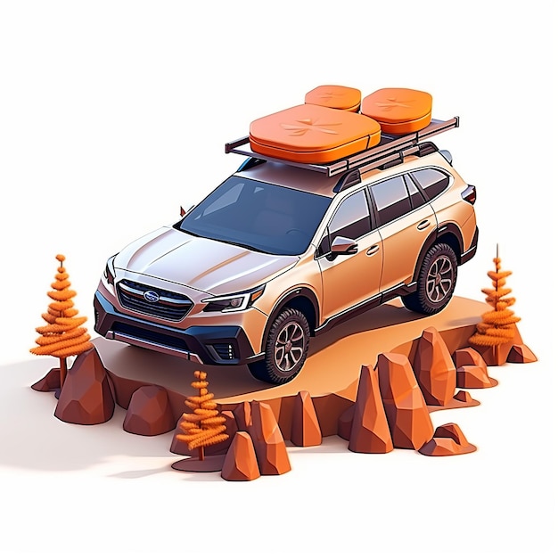 Изометрическая 3D Subaru Outback Детальная композиция с огромными объектами