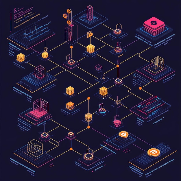 Isometric abstract technology illustration of a blockchain network with nodes lines and data