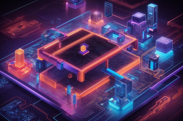 isometric abstract web interface design digital glowing isometric design block on minimal background business system technology global network big data smart app blockchain website 3d render