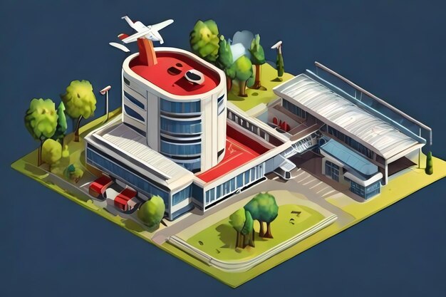 В Изометрическом аэропорту есть здание радара и здание пожарной бригады.