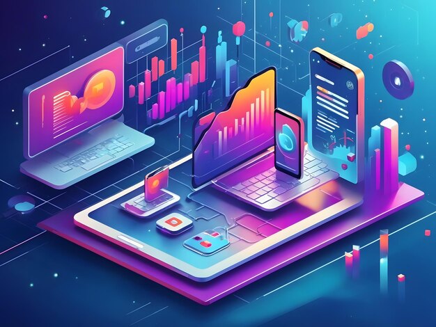 Isometric application ux of pc and phone with business graph and analytics data