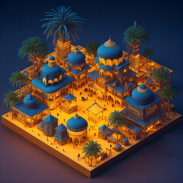 Isometric of arabic villages and towns for muslim celebration day background illustration