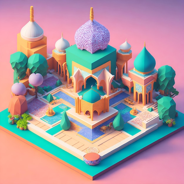 Isometric of arabic villages and towns for muslim celebration day background illustration