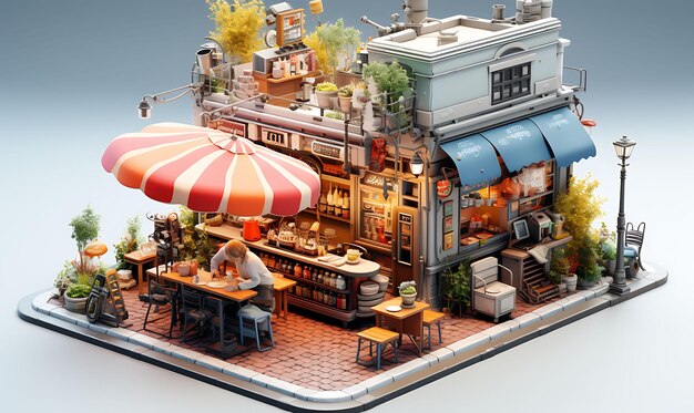 Isometric of art district street creative street scene crepe cart street 3d art concept ideas