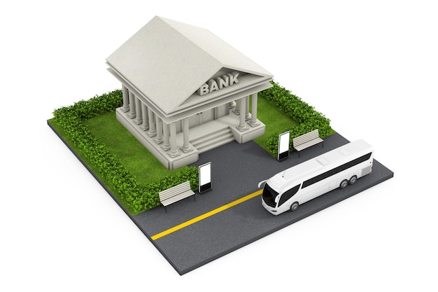 Isometric Bank Finance Building in City on a white background. 3d Rendering