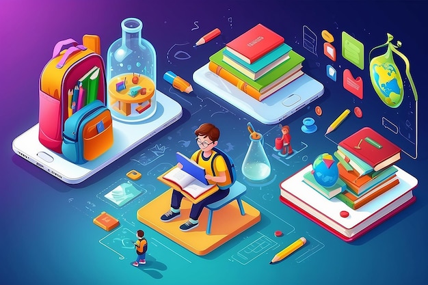 Isometric banner for school smartphone application kids going back to teacher and bag or children going for study pupil and laboratory flask books and pencil