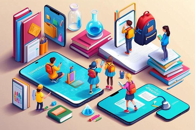 Photo isometric banner for school smartphone application kids going back to teacher and bag or children going for study pupil and laboratory flask books and pencil