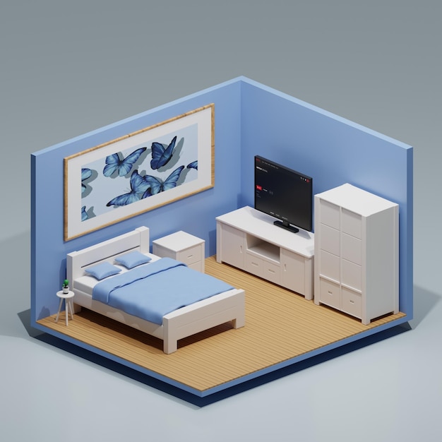 Фото Изометрический дизайн спальни 3d render с минималистским стилем сочетания синего и белого цветов