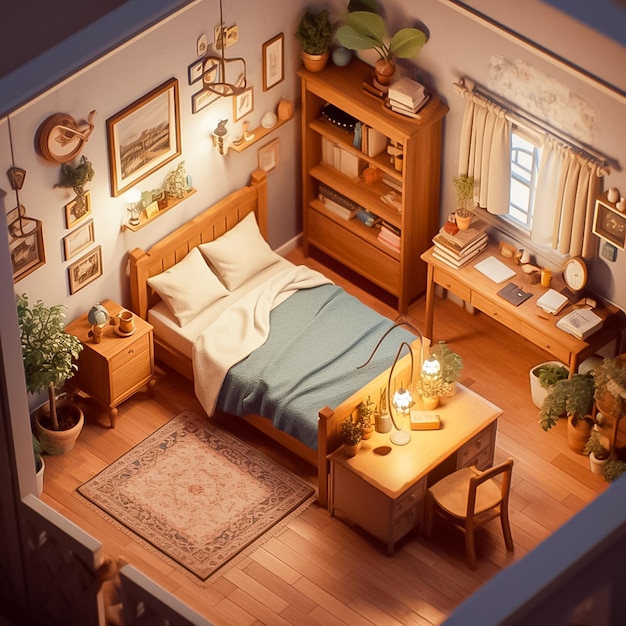Изометрическая спальня в мультяшном стиле, созданная искусственным интеллектом