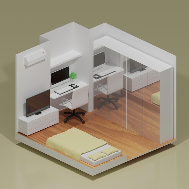 Фото Изометрический дизайн спальни 3d render в стиле минимализм и дополненный интерьером спальни