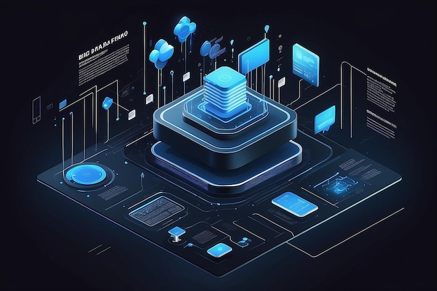 Isometric big data flow processing concept database Abstract technology background Vector illustration