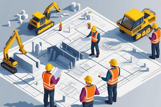 Isometric Builders On Building Site Looking At Plan Business plan development