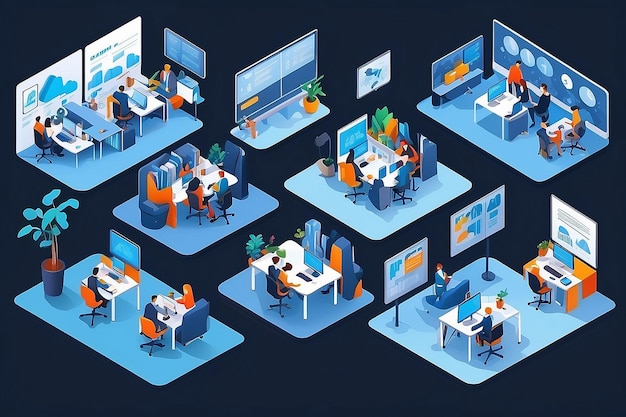 Isometric Business Office Team Corporate Teamwork and Career Strategy Consulting 3D Vector Icons