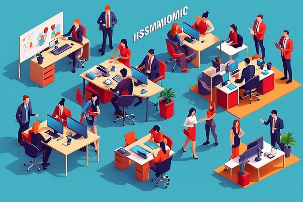 Photo isometric business office team corporate teamwork meeting employee workplace and people work career strategy consulting or coworking workspace 3d vector illustration isolated icons set