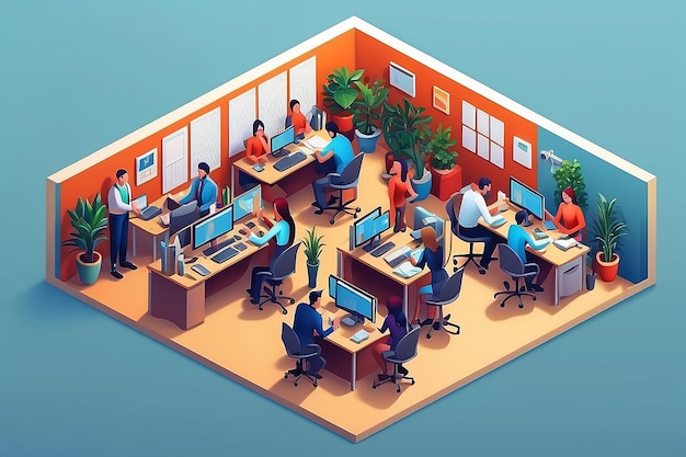 Isometric business office team Corporate teamwork meeting employee workplace and people work Career strategy consulting or coworking workspace 3D vector illustration isolated icons set