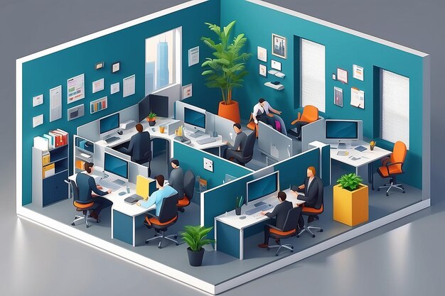 Isometric business offices with staff 3d businessmen networking in office interior Isometric room office with people business interior with staff worker illustration