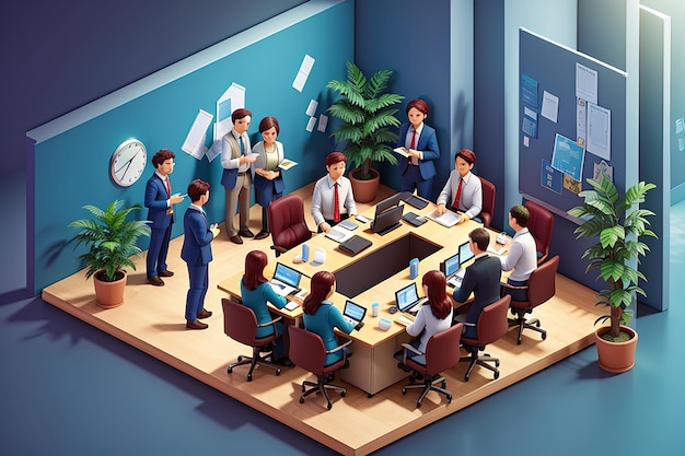 Photo isometric business people talking conference meeting room team work process