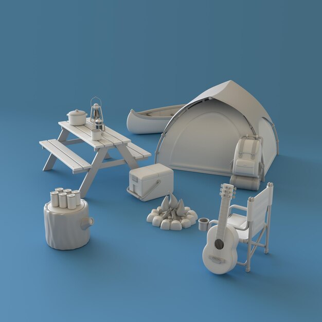 Isometric Camping Objects and Scenes Monochrome White Camping Equipment on Blue Background 3d Rendering