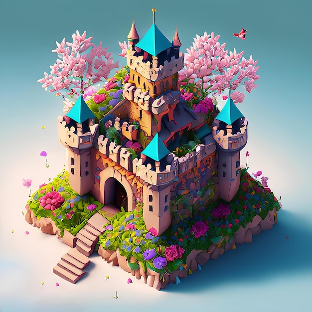 Photo isometric_castle_out_of_colorful_flowers
