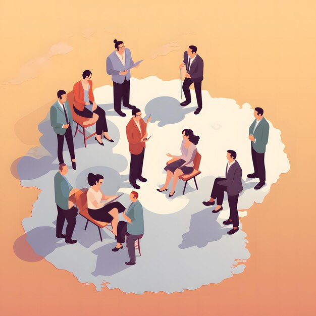 Photo isometric character design group of people talking isolated on orange background generated ai