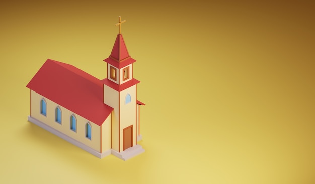 Isometric church building with a bell tower made in cartoon style