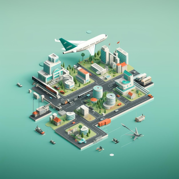 Isometric City And Airport Station 3D AI Generated