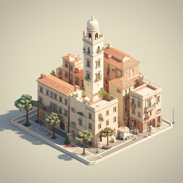 isometric city landscape with old buildings and streets 3d rendering