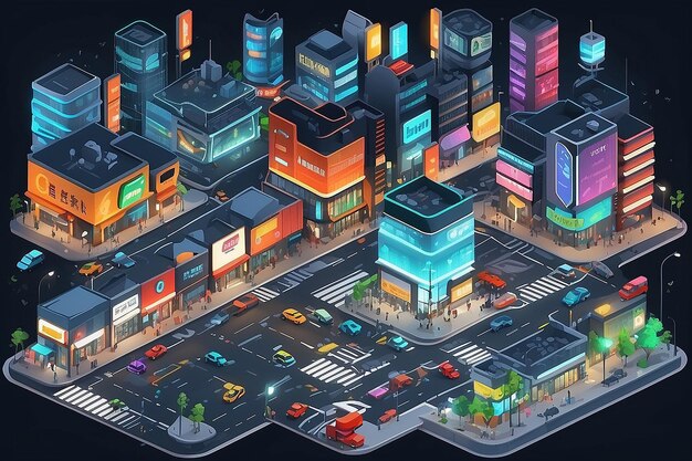 Photo isometric city streets with buildings lights traffic lights cars in vector