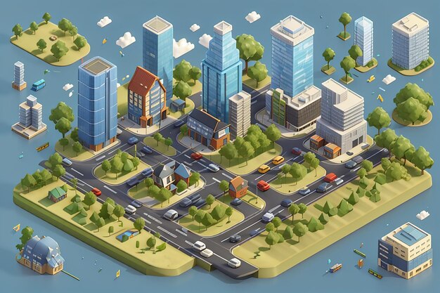 Photo isometric cityscape design elements 3d flat icon set for building city maps perfect for roads parks transport trees infrastructure isolated collection