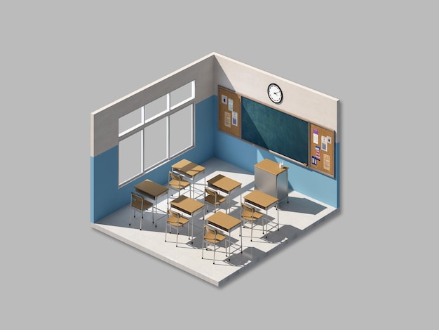 Isometric classroom with chairsdesks and chalkboard