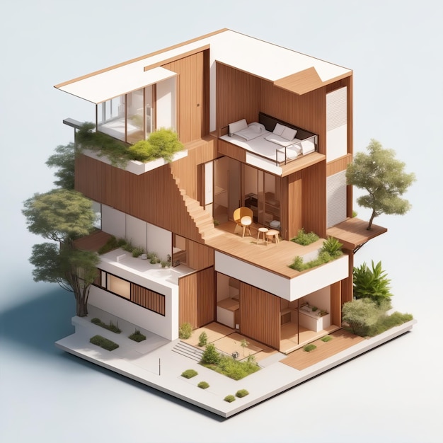 Isometric clean art of exterior of small apartment