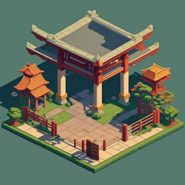 Isometric clean pixel art image of a old Japanese gate