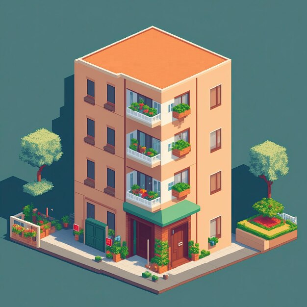 Photo isometric clean pixel art image of the outside of old apartment building