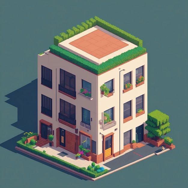Isometric clean pixel art image of the outside of old apartment building