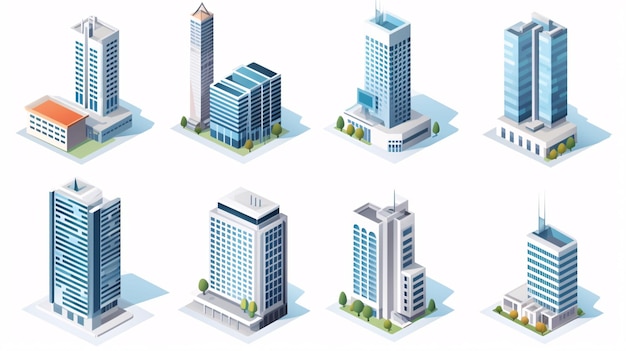 Photo an isometric collection of skyscraper buildings featuring business offices and commercial towers stands isolated on a white background