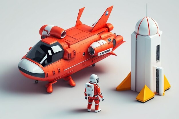 사진 우주복을 입은 빨간 우주 비행사와 아이소메트릭 구성