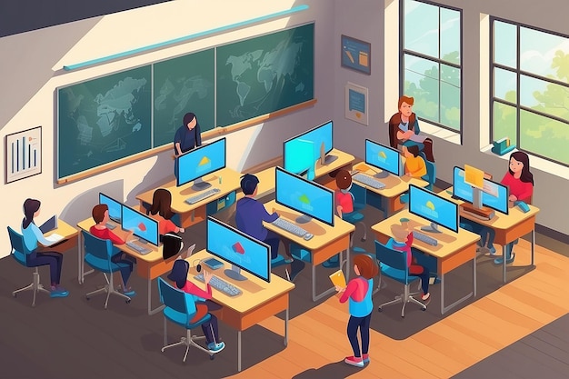 Photo isometric computer classroom with teacher and students vector illustration