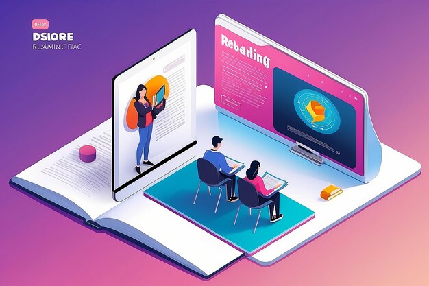 Photo isometric concept for digital reading eclassroom textbook modern education elearning online training and course