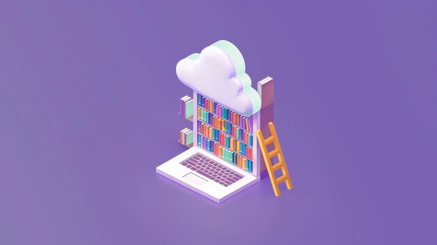 Photo the isometric concept of a library or education is shown in the illustration set on a violet background the image shows a laptop cloud books wooden ladder and a landing page for a web site for