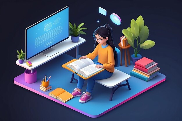 Photo isometric concept young girl in the process of learning through the internet watching educational videos